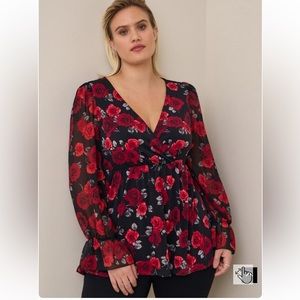 Torrid Babydoll Studio Knit Chiffon Sleeves Surplice Top